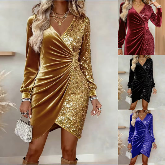 Elegancka Sukienka Wieczorowa z Cekinami i Dekoltem w Serek