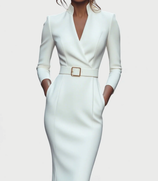 Elegancka czarna sukienka z paskiem i kołnierzykiem