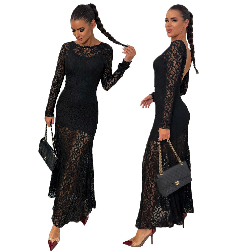 Długa Sukienka z Odkrytymi Plecami i Koronką