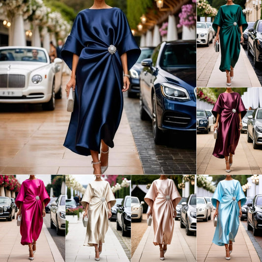 Elegancka Sukienka Satynowa z Perełkami i Asymetrycznie Dołem”